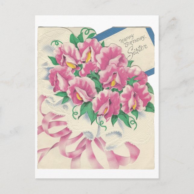 Postal Vintage Happy Birthday Sister Bouquet (Anverso)