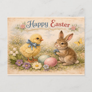 Postal Vintage Happy Easter Bunny and Chick 