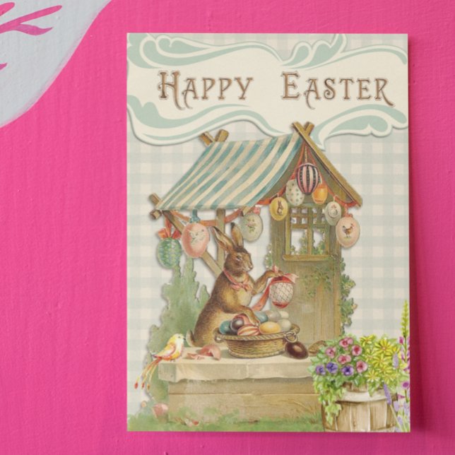 Postal Vintage Happy Easter Bunny House Spring (Subido por el creador)