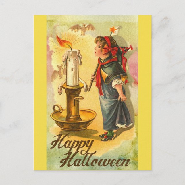 Postal Vintage Happy Halloween Chica con velas (Anverso)