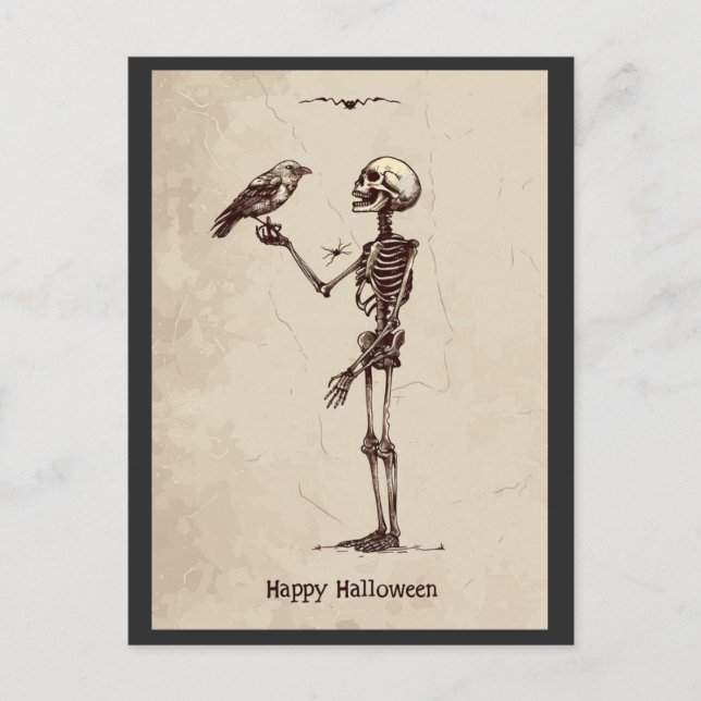 Postal Vintage Happy Halloween Creepe Skeleton Bird (Anverso)