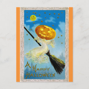 Postal Vintage Happy Halloween Pumpkin Witch