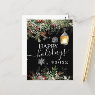 Postal Vintage Happy Holidays Winter Forest Black Card