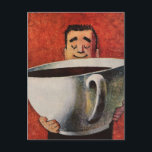 Postal Vintage Happy Man Bebe Giant Cup of Coffee<br><div class="desc">Diseño de bebidas y bebidas de ilustracion de época con un sonriente con una enorme taza de café,  té o incluso chocolate caliente. Imagen divertida,  tonta y humorística que enfatiza nuestra relación amorosa con el café.</div>
