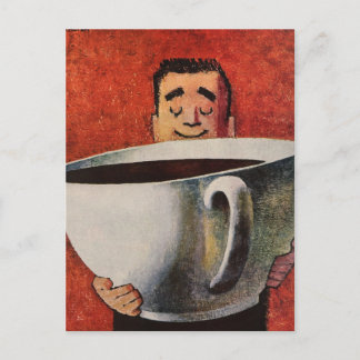 Postal Vintage Happy Man Bebe Giant Cup of Coffee