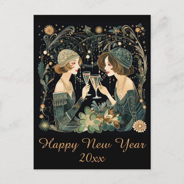 Postal Vintage Happy New Year Art Deco Ladies (Anverso)