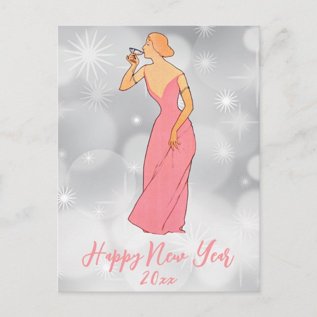 Postal Vintage Happy New Year Art Deco Lady (Anverso)