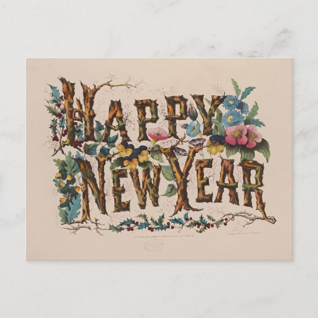Postal Vintage "Happy New Year" Botanical Lettering (Anverso)