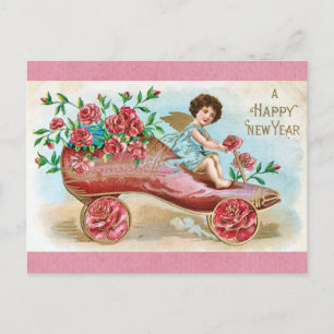 Postal Vintage Happy New Year Victorian Angel Floral