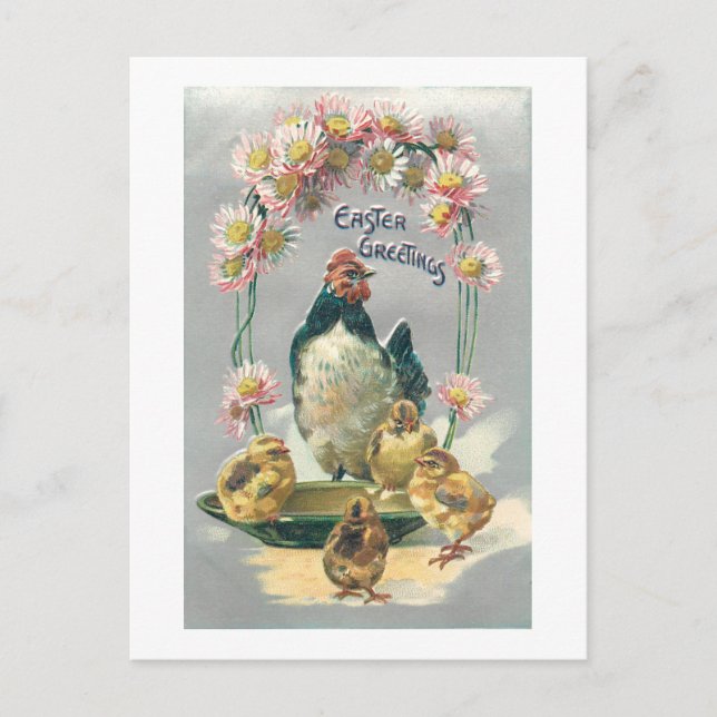 Postal Vintage Hen, Chicks & Daisies (Anverso)