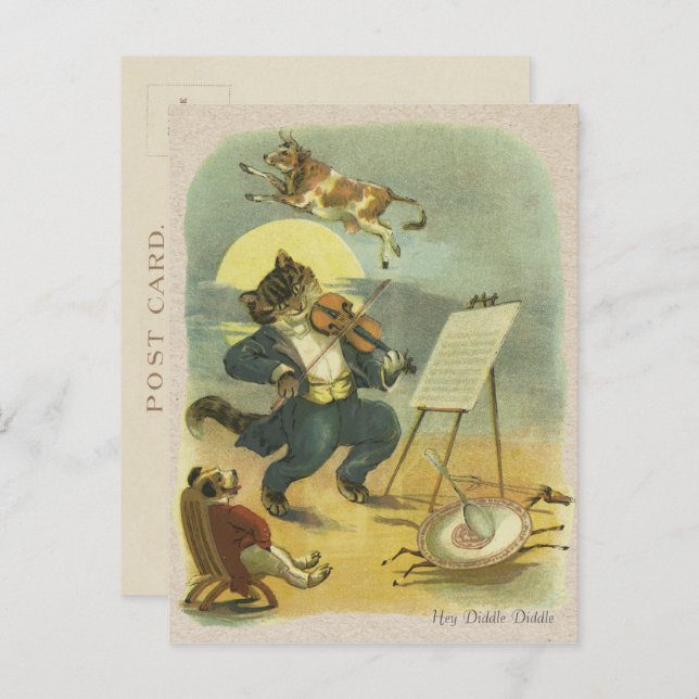 Postal Vintage Hey Diddle Diddle Nursery Rhyme Restaurado