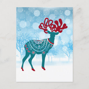 Postal Vintage Holiday Rojo Azul Escandinavo