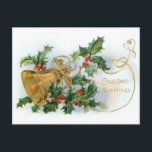Postal Vintage Holly y Gold Bell<br><div class="desc">Ilustracion de vacaciones vintage restaurado con campana de oro,  azulejos,  azulejos de oro y saludos de Navidad. Atrás se muestra un gráfico hueco complementario con campos de texto editables.</div>