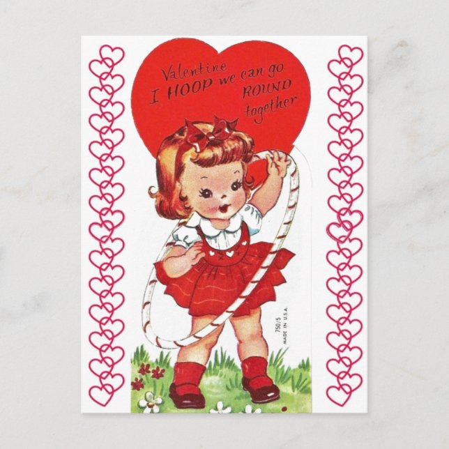 Postal Vintage Hula Hoop Chica Valentcard (Anverso)