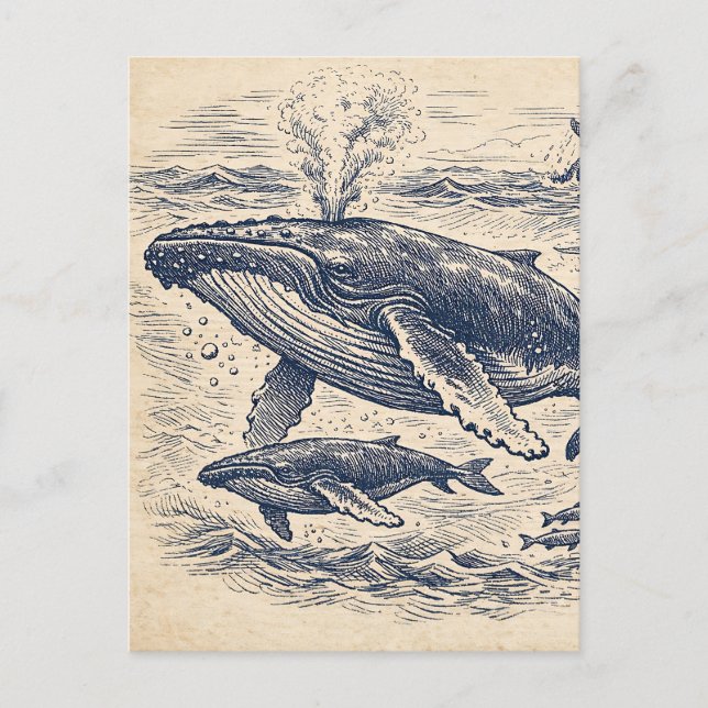 Postal Vintage Humpback Whale Pod Engraving (Anverso)