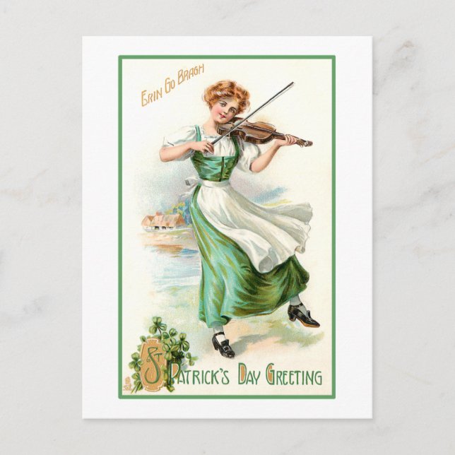 Postal Vintage Irish Lass con Fiddle (Anverso)