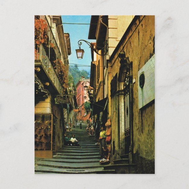 Postal Vintage Italy Bellagio Street de los escalones (Anverso)