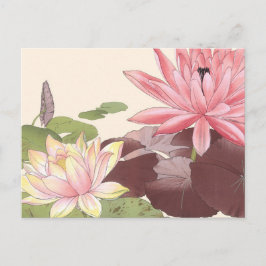 Postal Vintage japonés Floral Art Pink Lotus Pond
