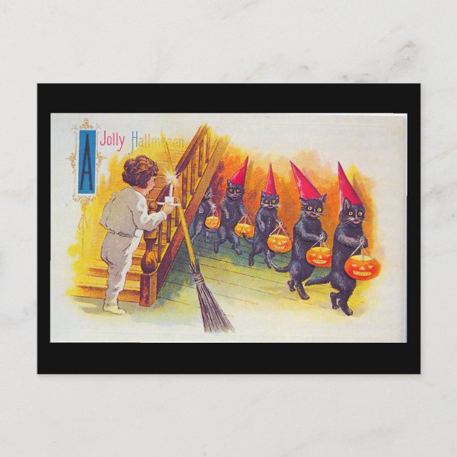Postal Vintage Jolly Halloween Card Black Cats (Anverso)