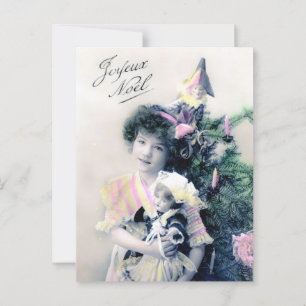 Postal Vintage Joyeux Noël con Chica y muñeca