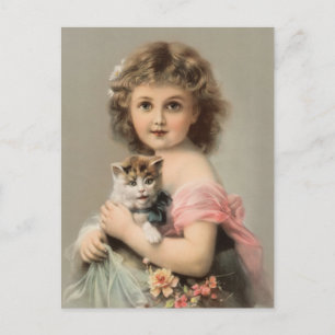 Postal Vintage Katze und Mädchen