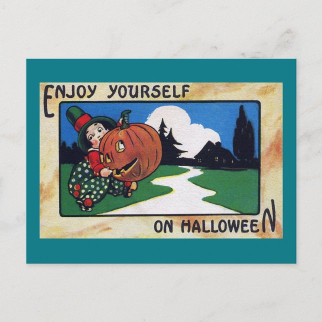 Postal Vintage Kid Hefting Halloween Jack O'Lantern (Anverso)