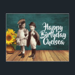 Postal Vintage Kids & Sunflower Personalizado Cumpleaños<br><div class="desc">La tarjeta postal de cumpleaños divertida presenta a niños adorables vestidos recortes de fotos,  olla de girasoles y texto de cumpleaños de personalizable</div>