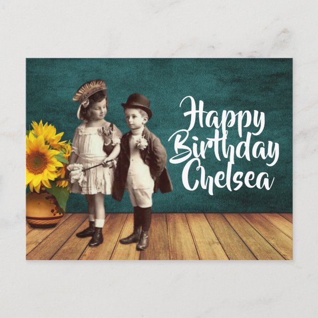 Postal Vintage Kids & Sunflower Personalizado Cumpleaños (Anverso)