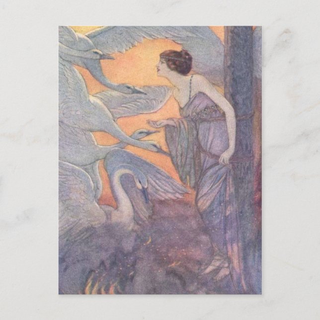 Postal Vintage - Lady con seis Cisnes, (Anverso)