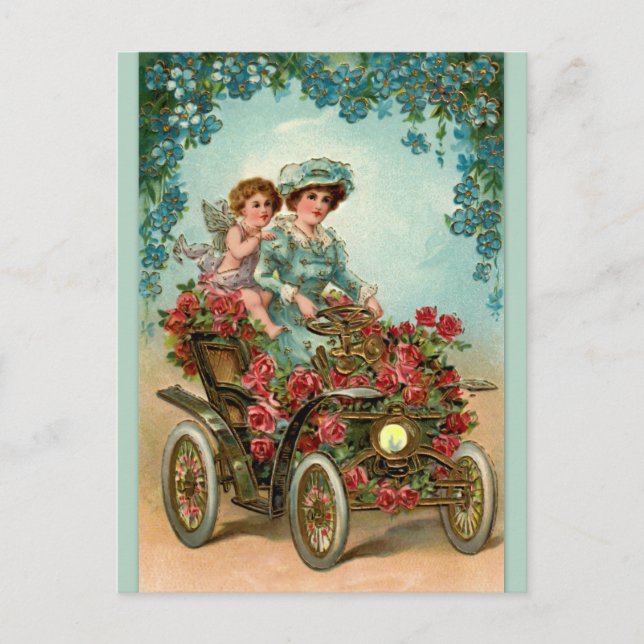 Postal Vintage Lady fährt Auto mit Engel (Anverso)