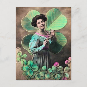 Postal VINTAGE LADY Y LUCKY SHAMROCKS St Patrick's Day