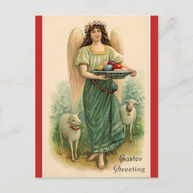 Postal Vintage Lambs and Angel Cargando Huevos Pascua (Anverso)