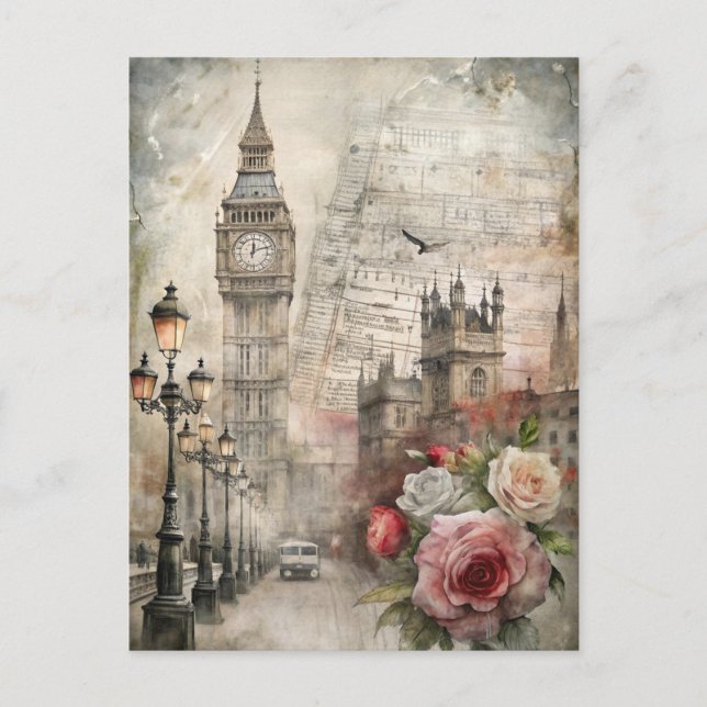 Postal Vintage London Romantic Floral Big Ben  (Anverso)