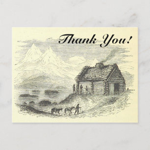 Postal Vintage Look Cabin, Mountains, Lake + "¡Gracias!"