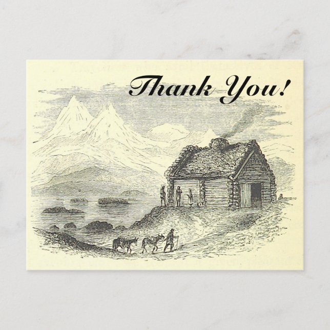 Postal Vintage Look Cabin, Mountains, Lake + "¡Gracias!" (Anverso)