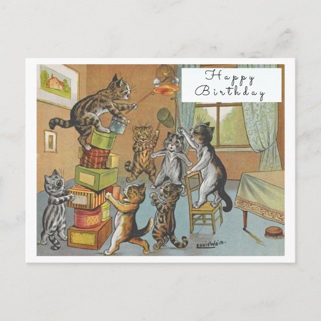 Postal Vintage Louis Wain Funny Cats Art Happy Birthday (Anverso)
