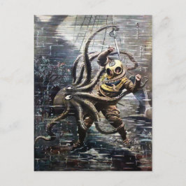 Postal Vintage lucha contra el pulpo del buzo victoriano
