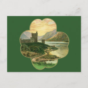 Postal Vintage Lucky Gold Shamrock con un castillo irland