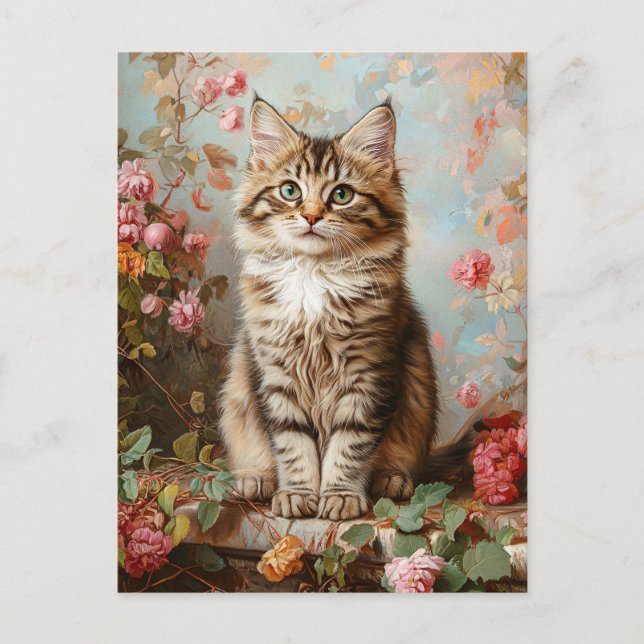 Postal Vintage Maine Coon Kitten Pintura (Anverso)