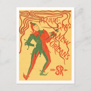 Postal Vintage Mardi Gras ilustracion de color jester
