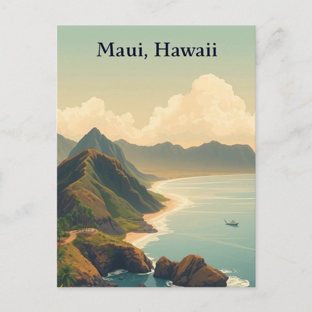 Postal Vintage Maui, Hawaii Travel Illustration (Anverso)