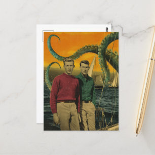 Postal Vintage Men and Octopus Beware of the Kracken