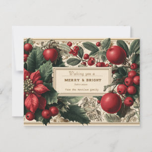 Postal Vintage "Merry & Bright" Navidades floral de bienv