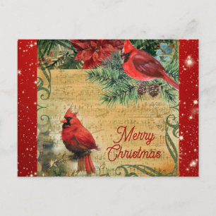 Postal Vintage Merry Christmas Cardinal Music