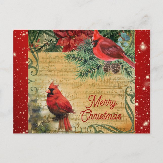 Postal Vintage Merry Christmas Cardinal Music (Anverso)