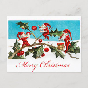 Postal Vintage Merry Christmas Elves Red Holly