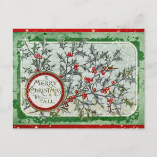 Postal Vintage Merry Christmas Green Red Holly