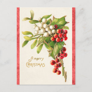 Postal Vintage Merry Christmas Holly