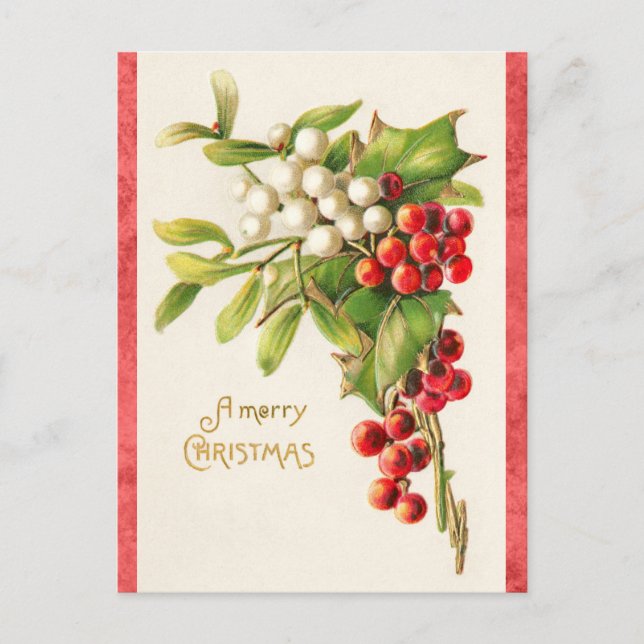 Postal Vintage Merry Christmas Holly (Anverso)