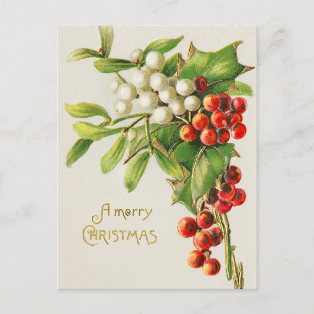 Postal Vintage Merry Christmas Holly Branch Art (Anverso)